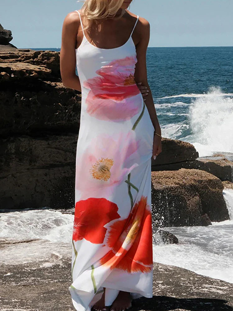 Backless Printed Flower Vacation Maxi Dress