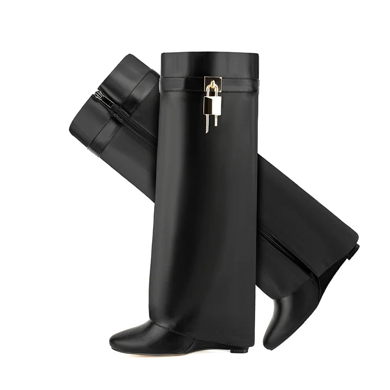 Faux Leather Lock Knee High Boots