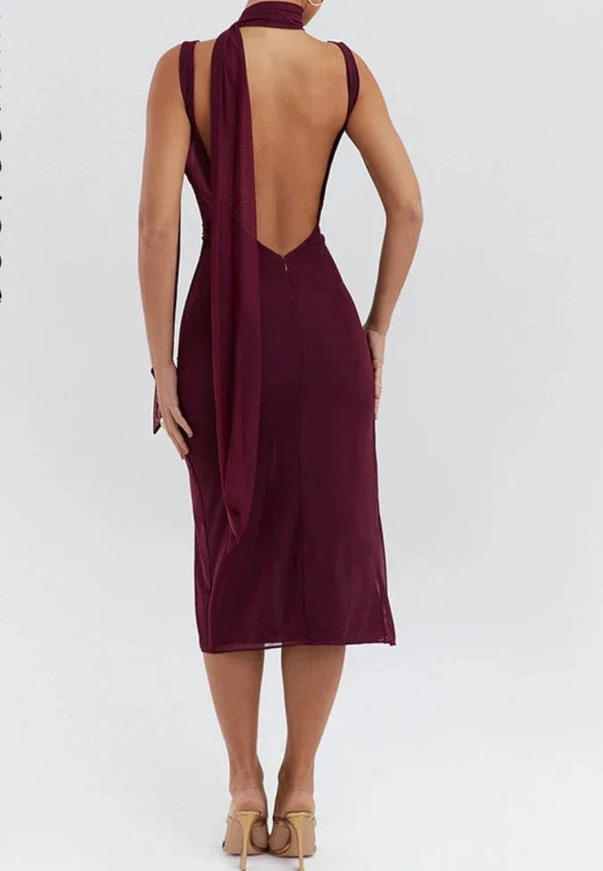 Sleeveless Backless Mesh Tie Neck Slit Midi Dress