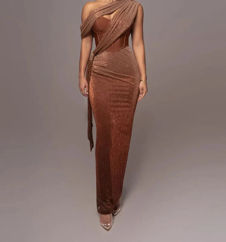 Luxe One Shoulder Draped Sparkle Maxi Corset Dress