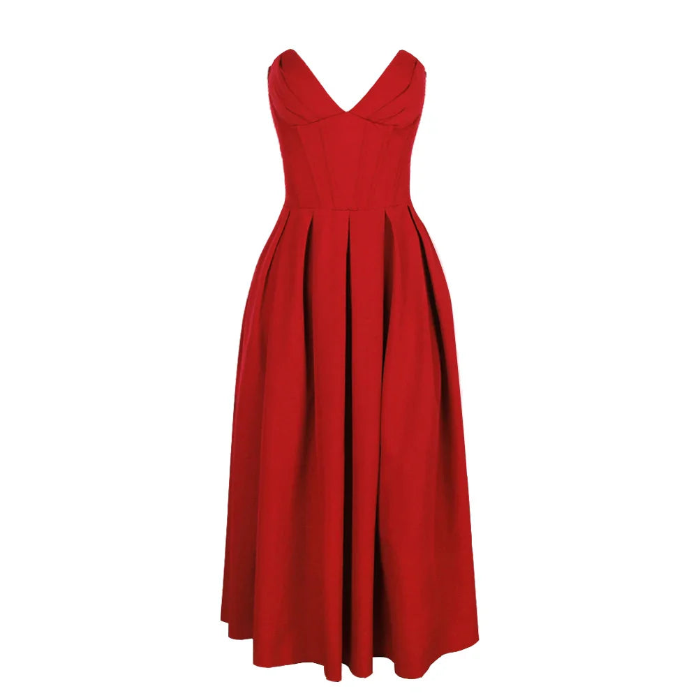 Luxe V Neck Strapless Pleated Dress