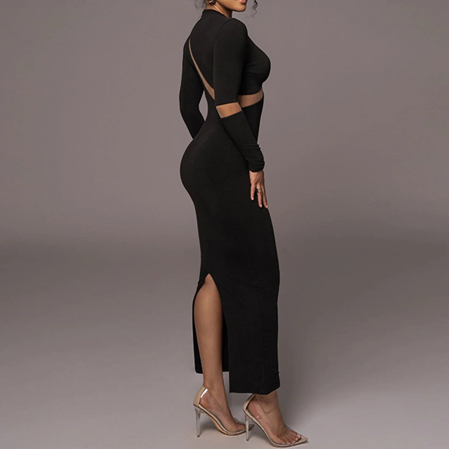 Mesh Insert Long Sleeve Crewneck Split Dress