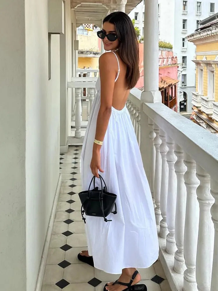 Backless White Spaghetti Strap Maxi Dress