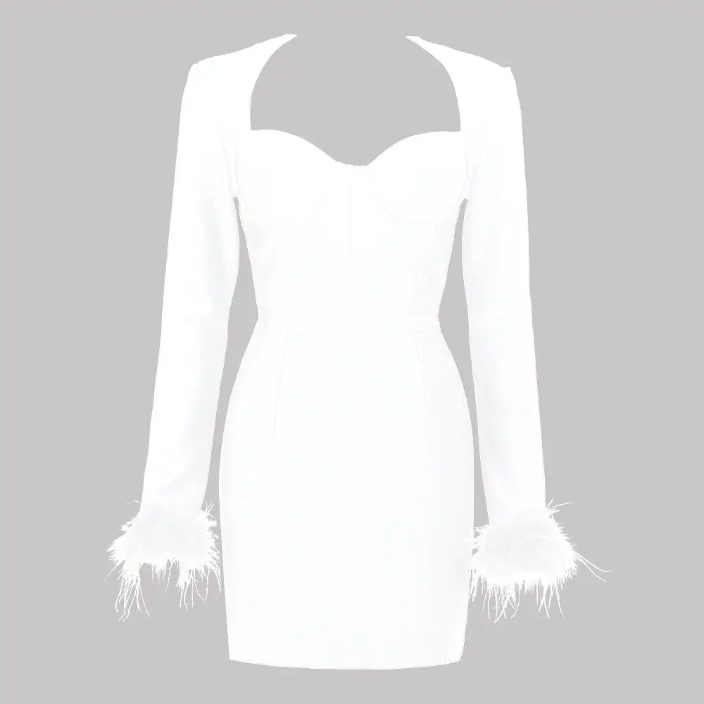 Luxe Long Sleeve Feathers Mini Bodycon Bandage Dress