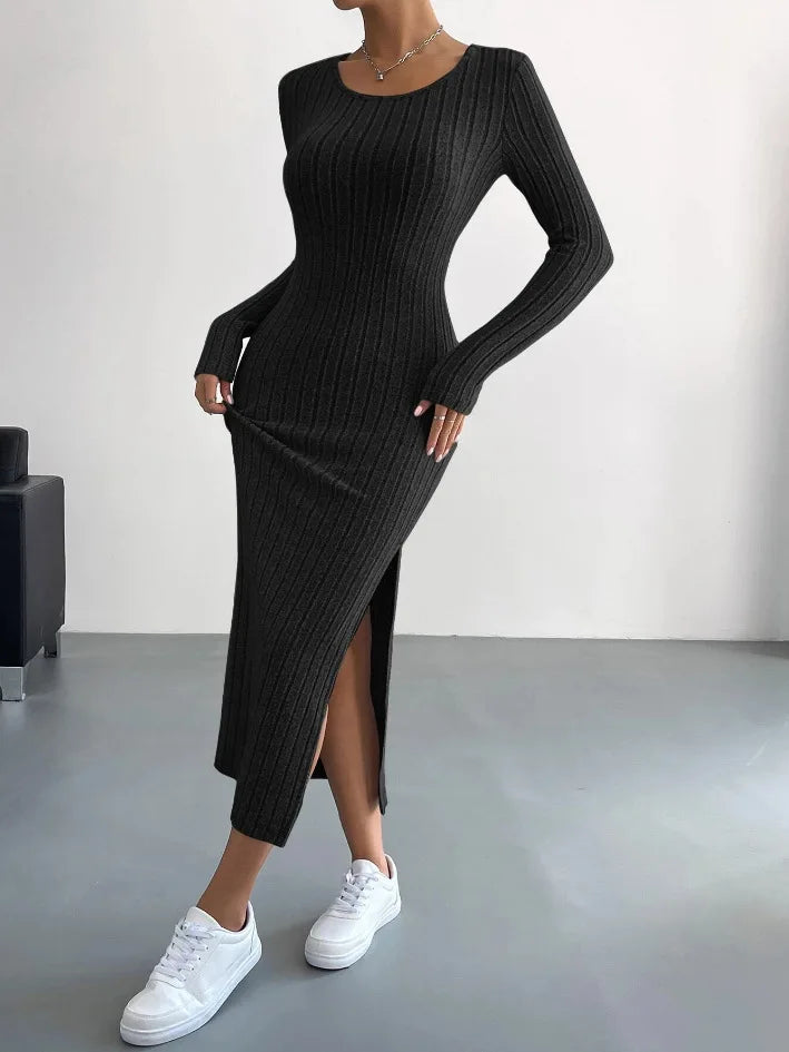 Round Neck Long Sleeve Slit Midaxi Knit set