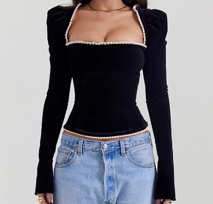 Square Collar Bandage Black Long Sleeved Top