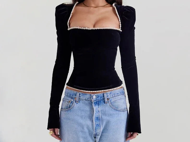 Square Collar Bandage Black Long Sleeved Top