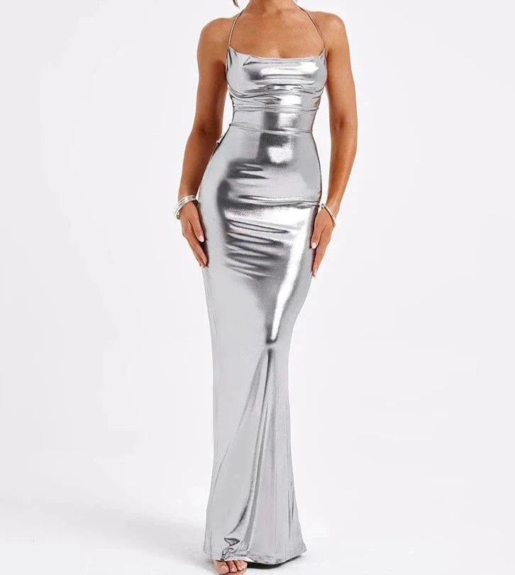 Metallic Backless Cowl Neck Maxi Dress