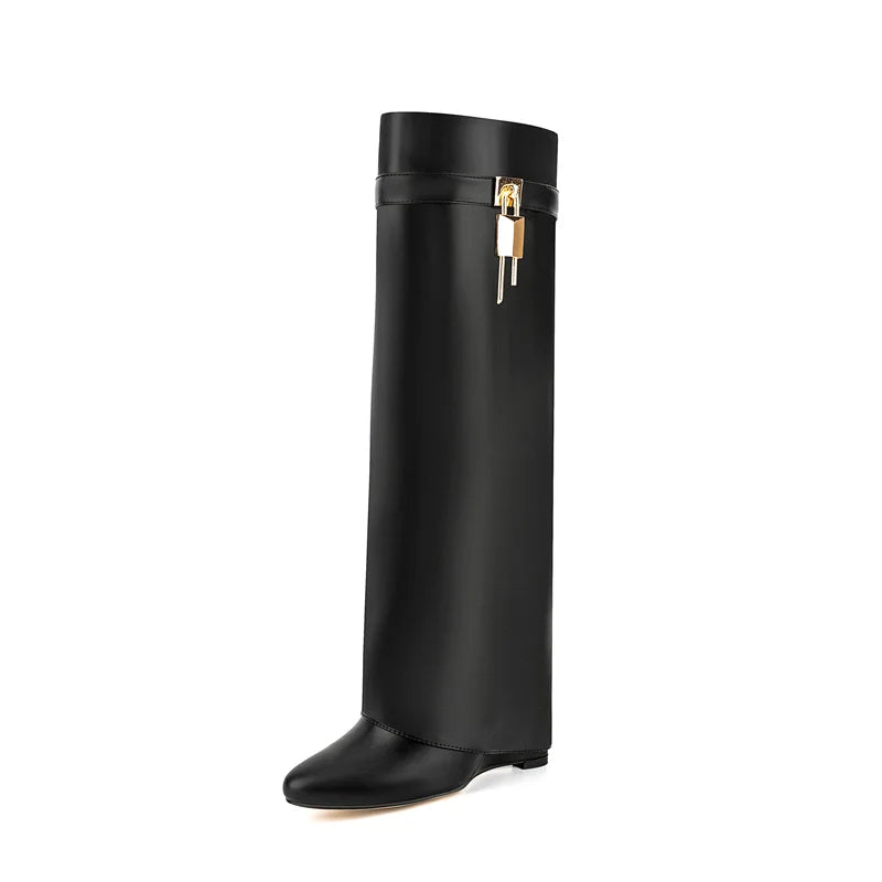 Faux Leather Lock Knee High Boots