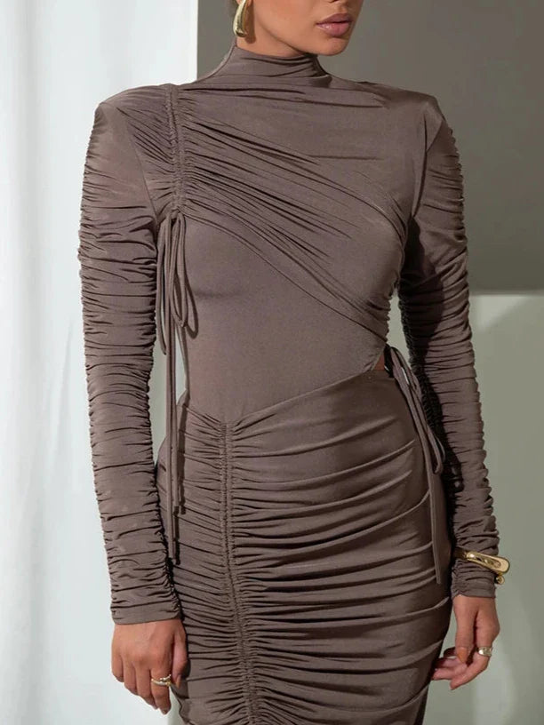 Long Sleeve Ruched Drawstring Turtleneck Bodycon Dress