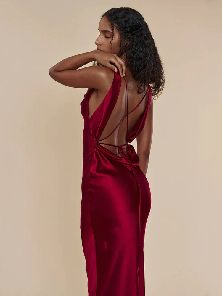 Luxe Plunging Back Cowl Lace Up Satin Silk Maxi Dress