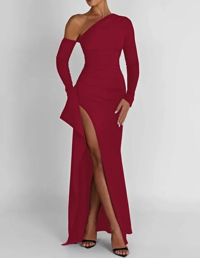 Luxe Oblique Shoulder Thigh High Split Maxi Dress