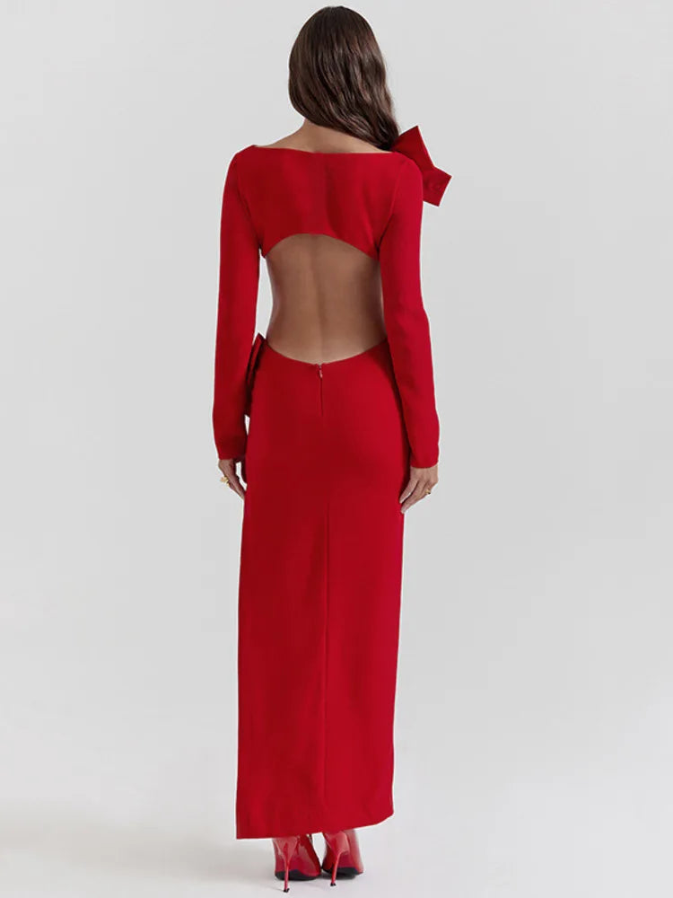 Luxe Bow Backless Long Sleeve Maxi Dress