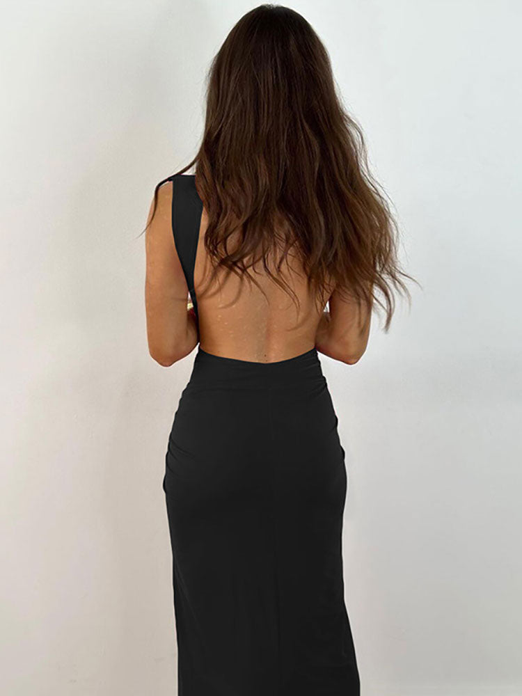 7Summer Ruched Backless V Slit Women Bodycon Maxi Dress