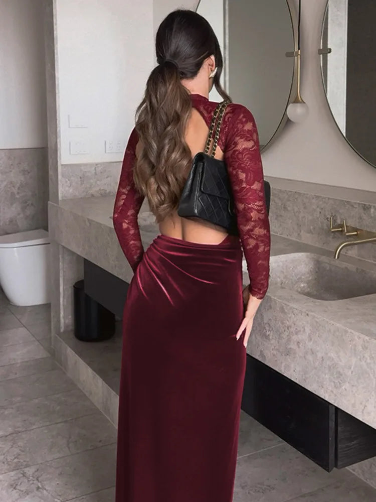 Lace Velvet Wine Slit Maxi Dress