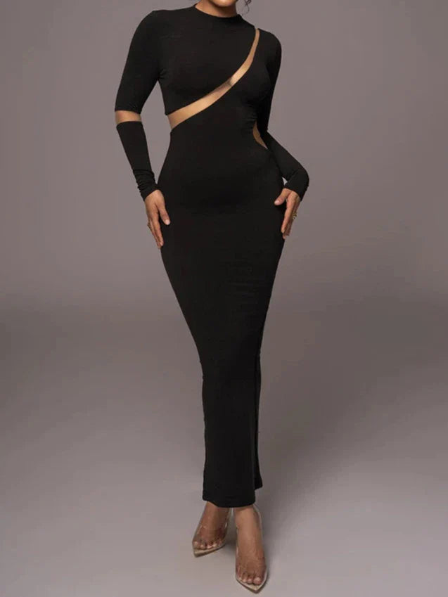 Long Sleeve Mesh Insert Bodycon Maxi Dress