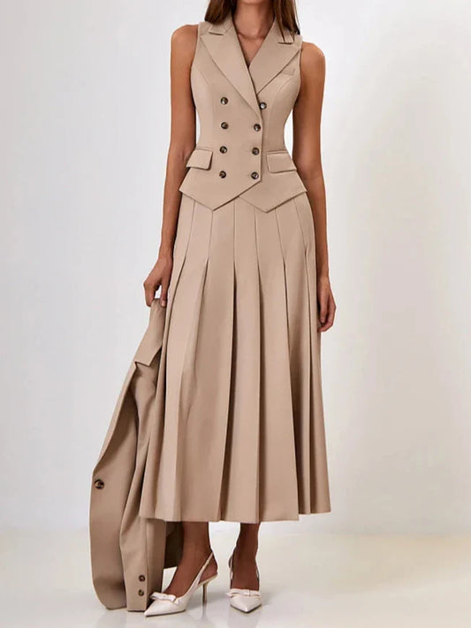 Notched Elegant Collar Vest And Pleated Maxi Skirt Set