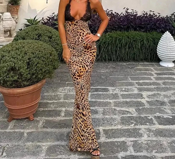 Lace And Leopard Print Maxi Dress