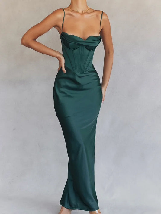 Spaghetti Strap Satin Corset Maxi Dress