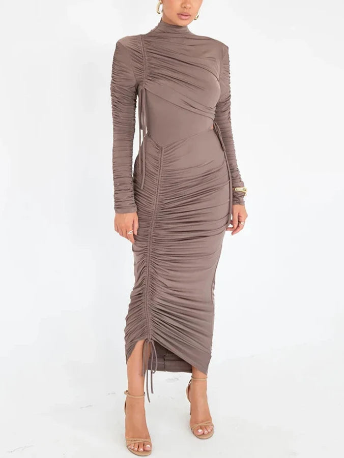 Long Sleeve Ruched Drawstring Turtleneck Bodycon Dress