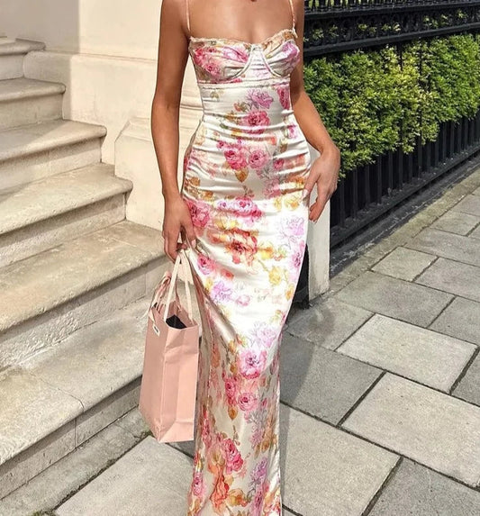 Spaghetti Strap Floral Print Bustier Maxi Bodycon Dress