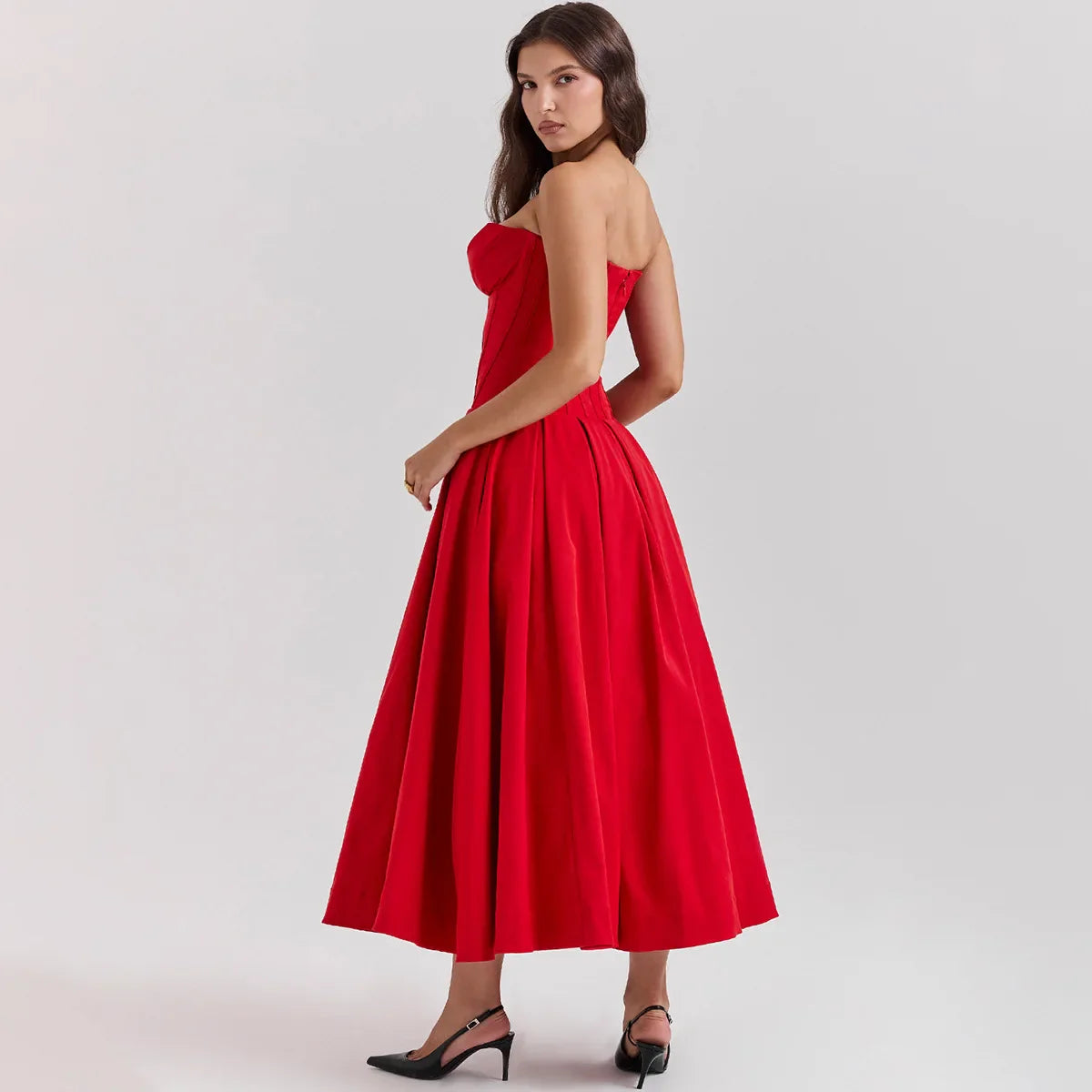 Luxe V Neck Strapless Pleated Dress