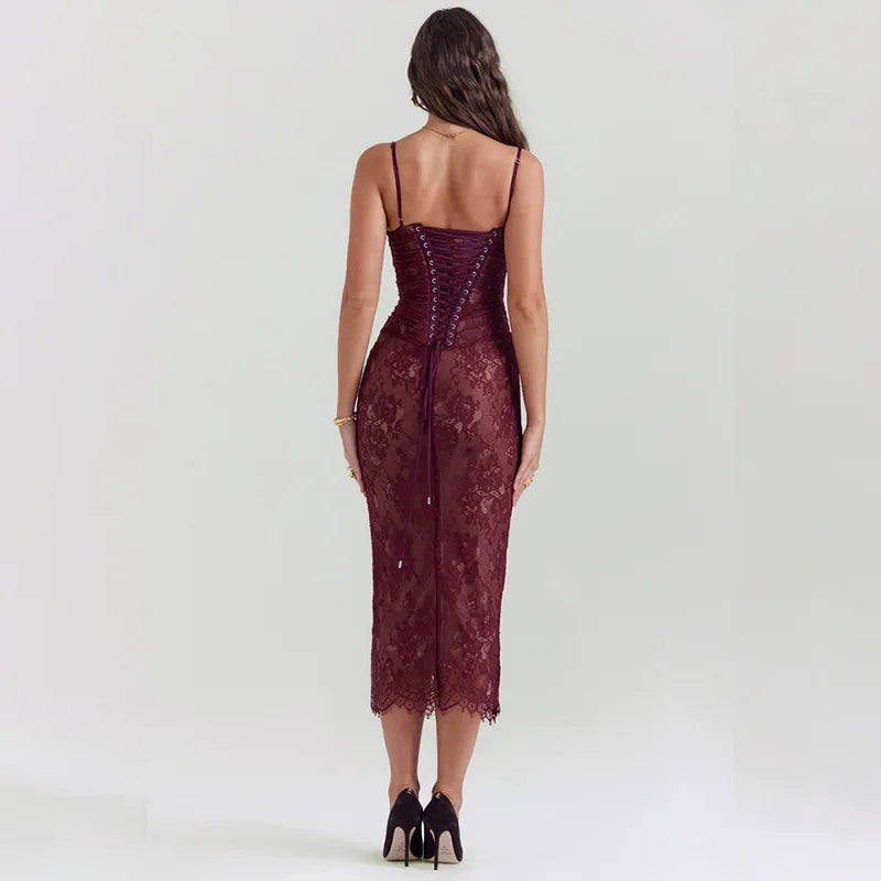 Lace Print Bodycon Burgundy Midi Dress