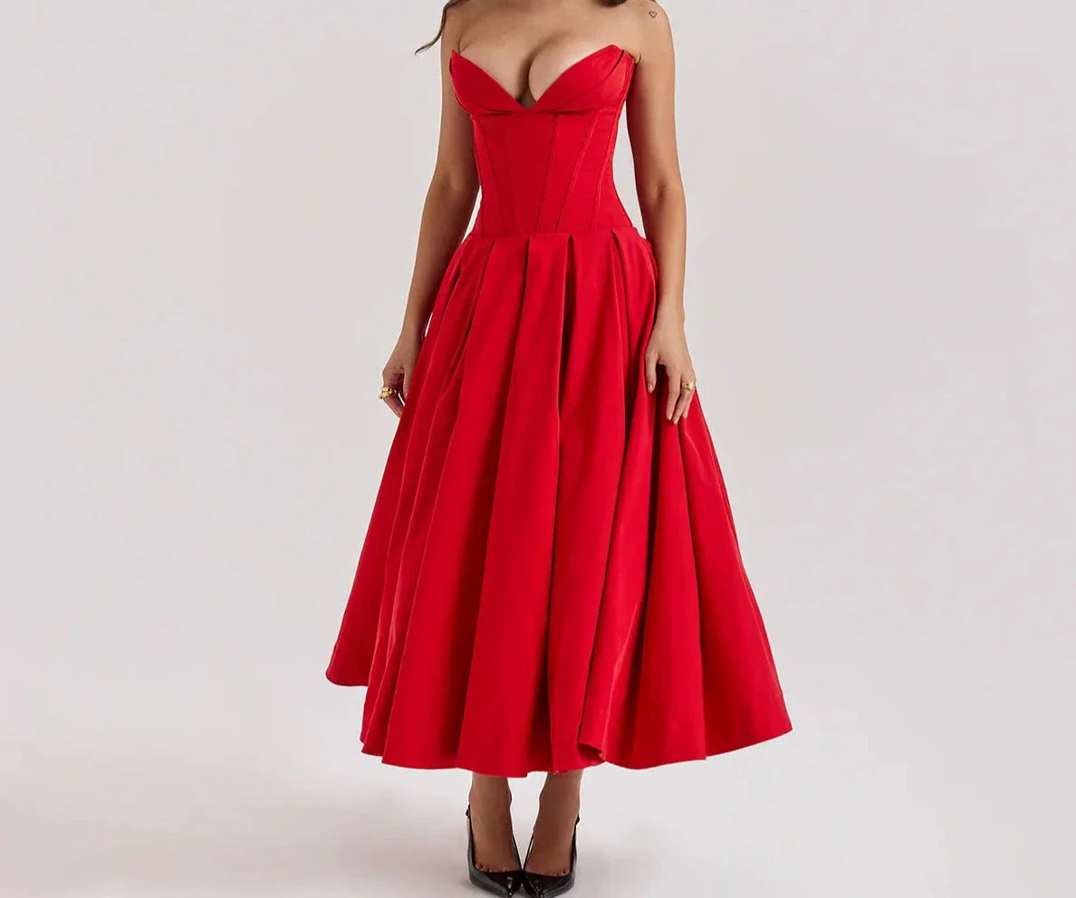 Luxe V Neck Strapless Pleated Dress