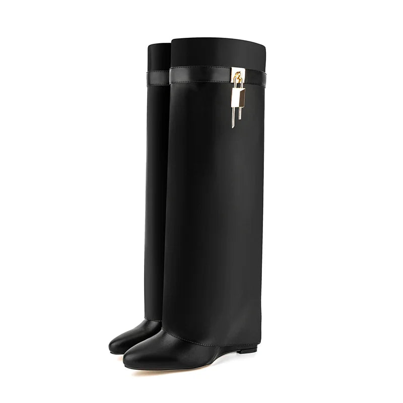 Faux Leather Lock Knee High Boots