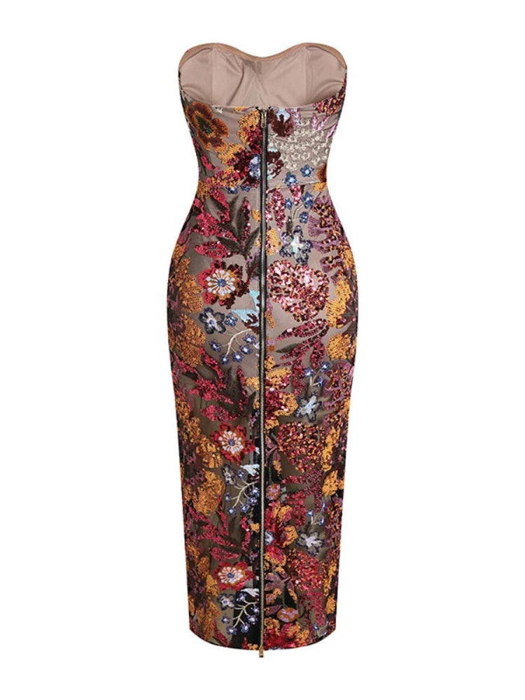 Luxe Strapless Handmade Floral Sequin Maxi Gown Dress