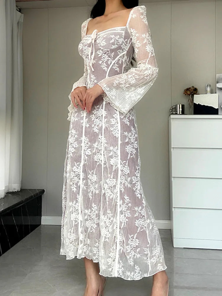 Luxe Vintage Square Collar Lace Long Sleeve Maxi Dress