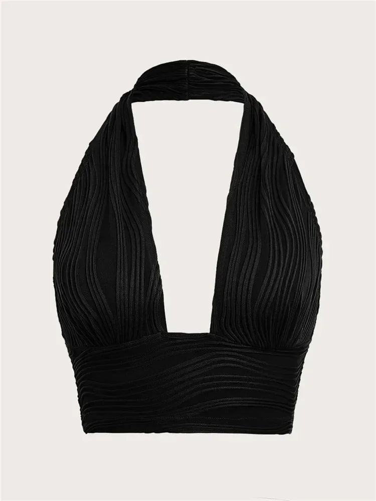 Y2K Backless Black Crop Halter Top