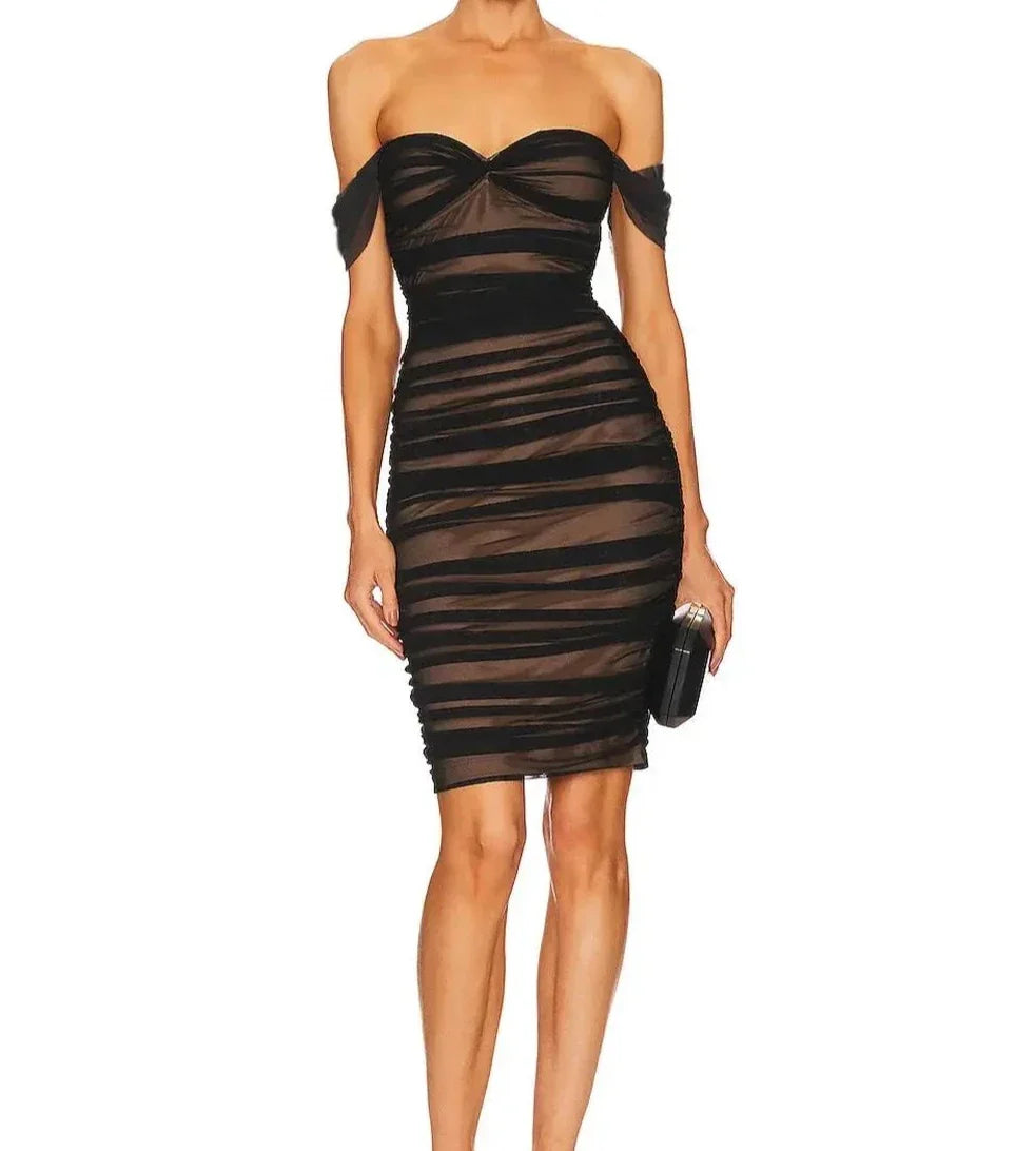 Off The Shoulder Mesh Ruched Midi Bodycon  Dress