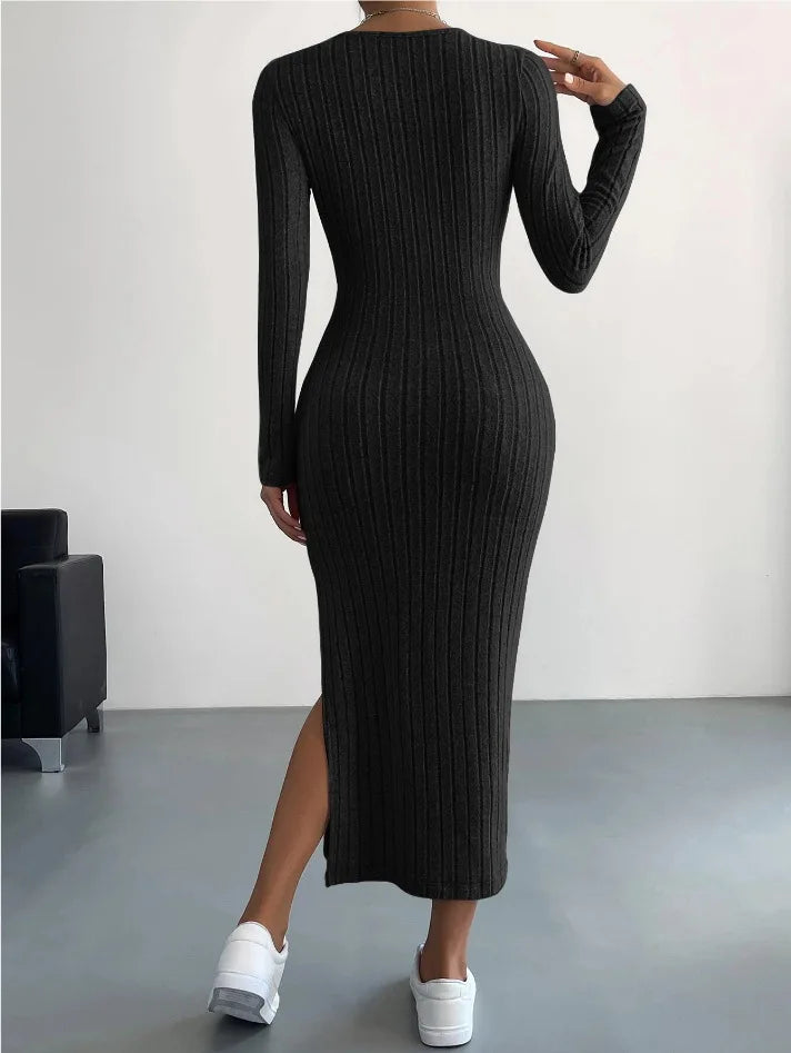 Round Neck Long Sleeve Slit Midaxi Knit set