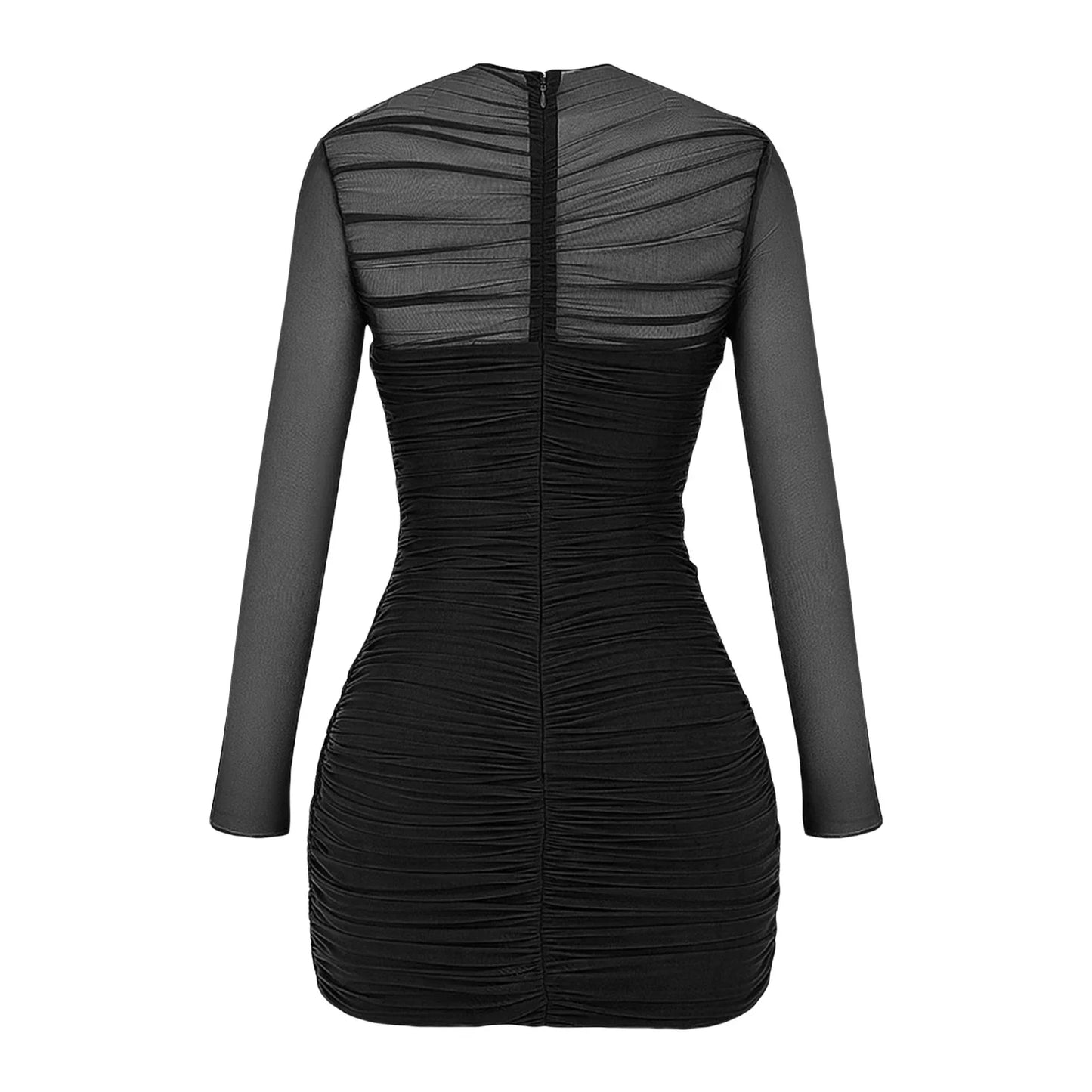 Ruched Mesh Long Sleeve Wrap Front Bodycon Dress