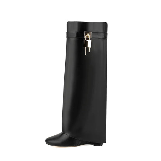 Faux Leather Lock Knee High Boots