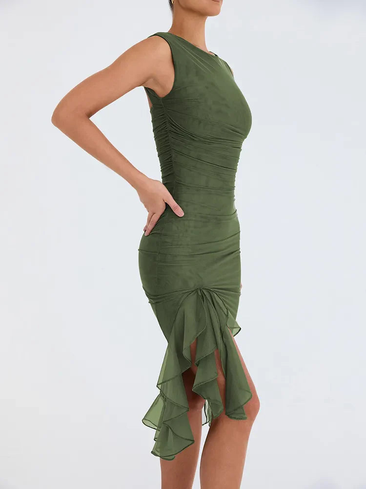 Elegant Ruffle Ruched Midi Split Dress