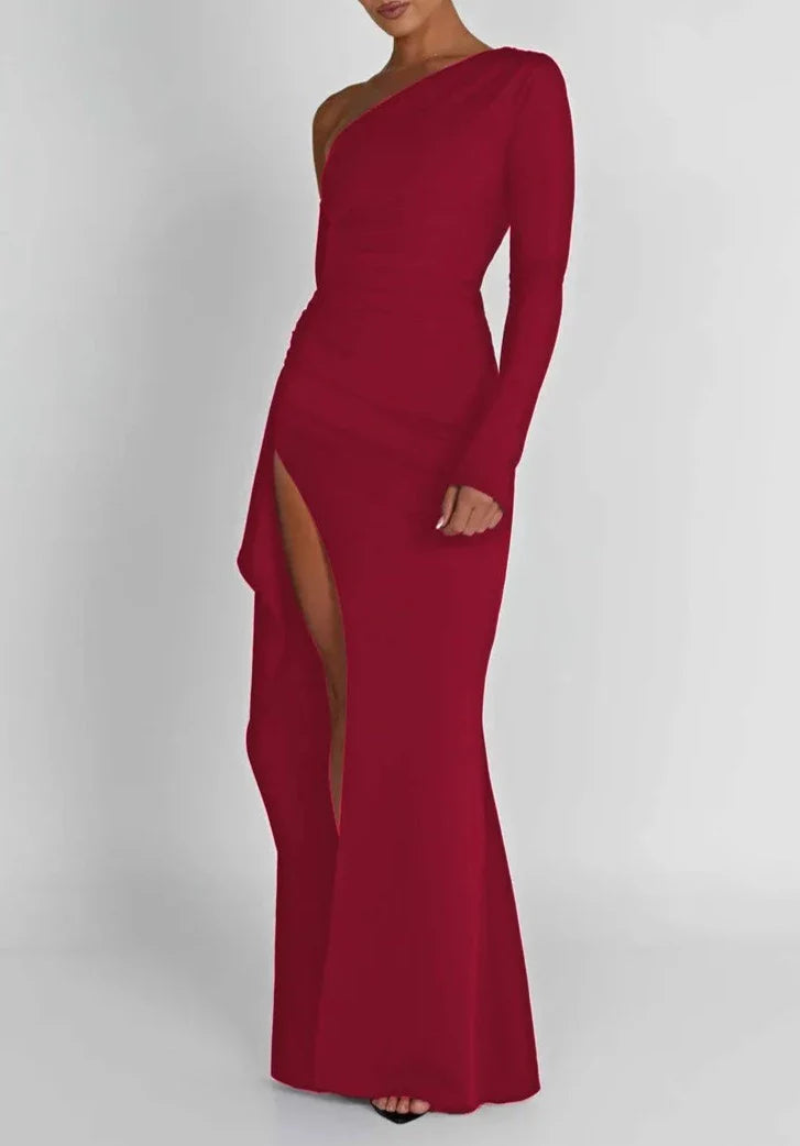 Luxe Oblique Shoulder Thigh High Split Maxi Dress