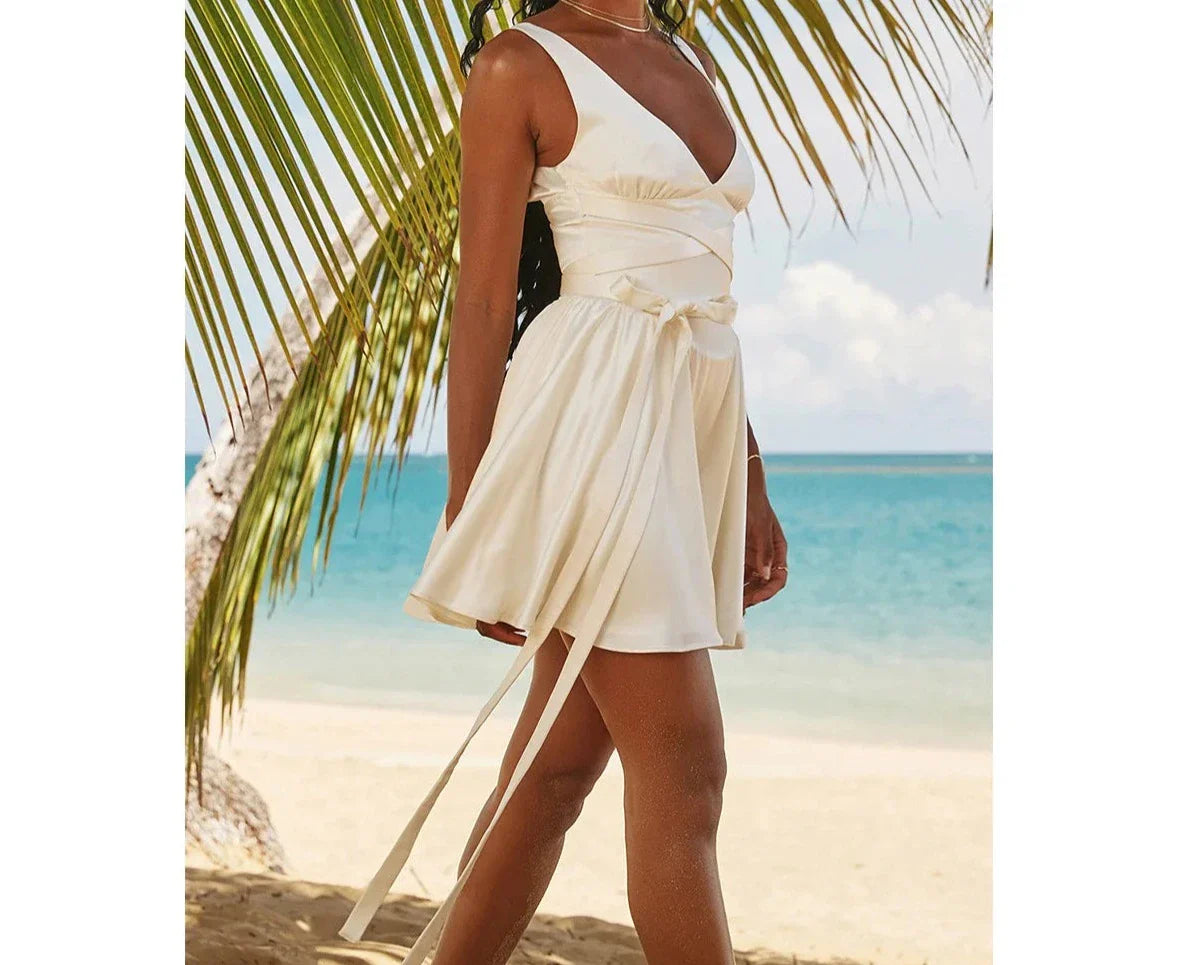 White Satin Summer V Neck A Line Mini Dress