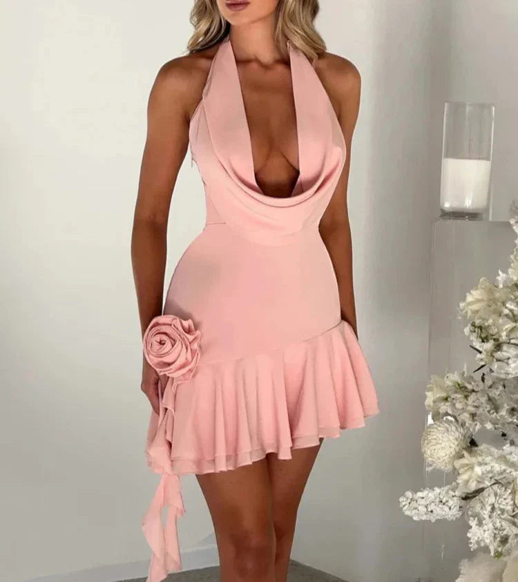 Halter 3D Flower Backless Ruffle Mini Dress