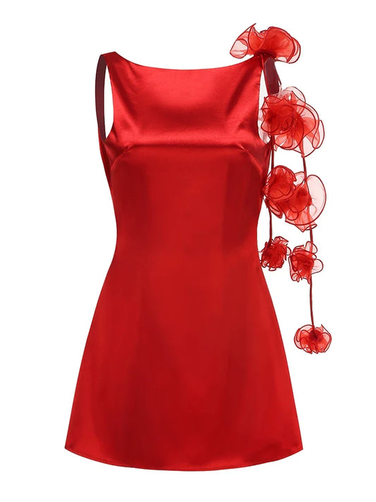 Satin Sleeveless Flower Draped Mini Dress