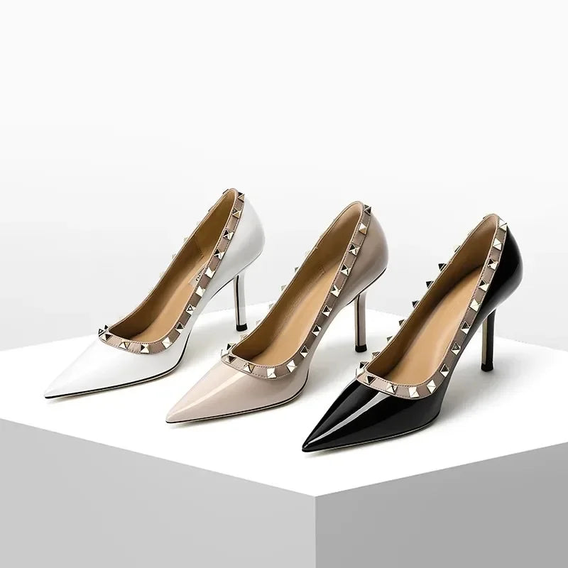 New Lacquer Leather Rivet Pointed Heels