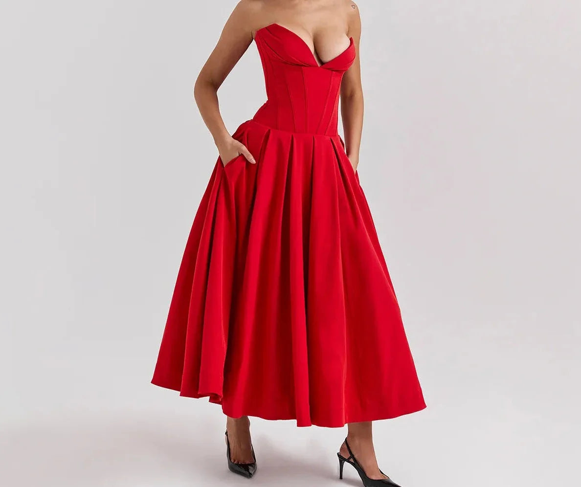 Luxe V Neck Strapless Pleated Dress