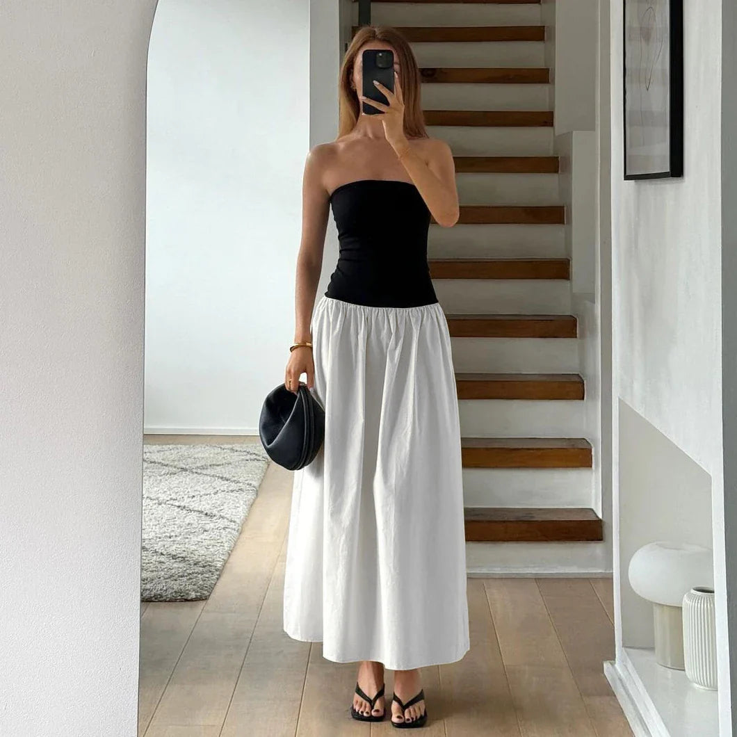 Monochrome Summer Strapless Maxi Dress