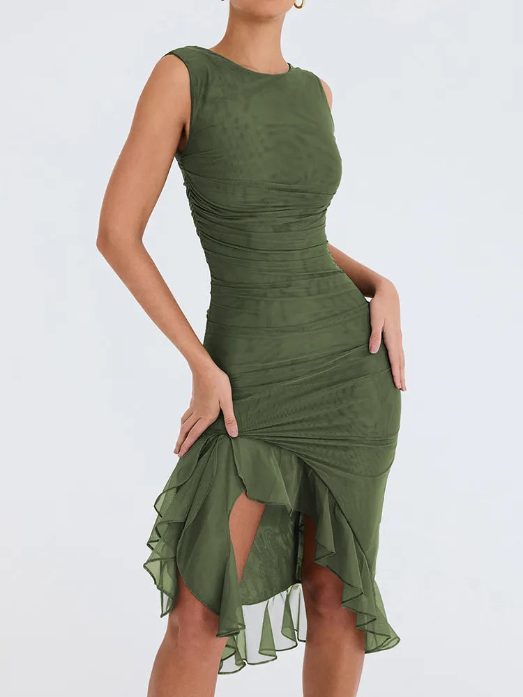 Elegant Ruffle Ruched Midi Split Dress