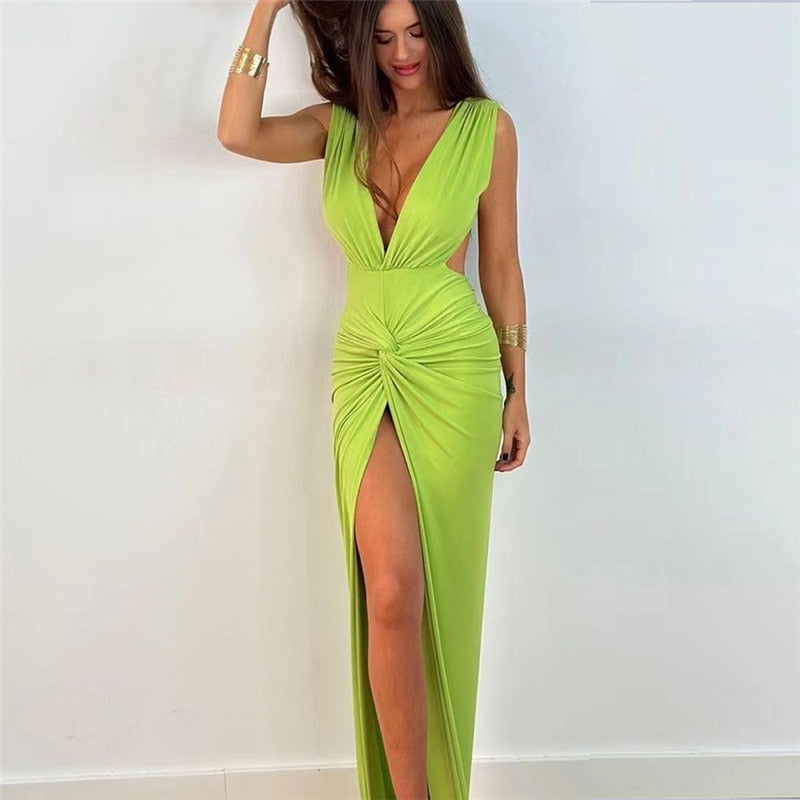 7Summer Ruched Backless V Slit Women Bodycon Maxi Dress