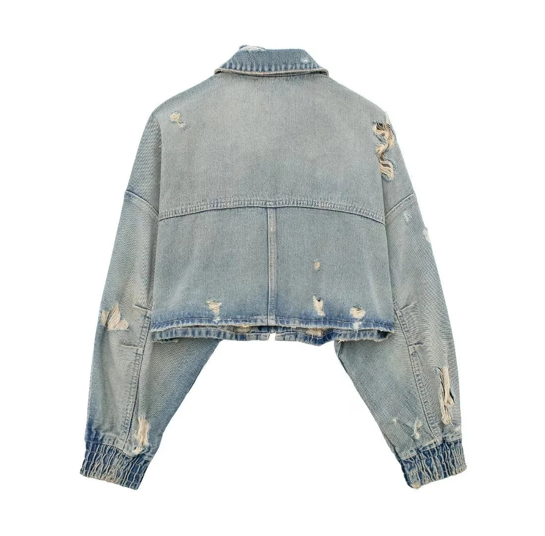 Angelina Denim Tear Cropped Jacket