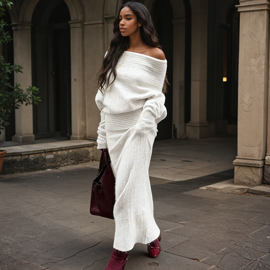 Off-Shoulder Long Sleeve Knitted Maxi Two Piece Skirt Set