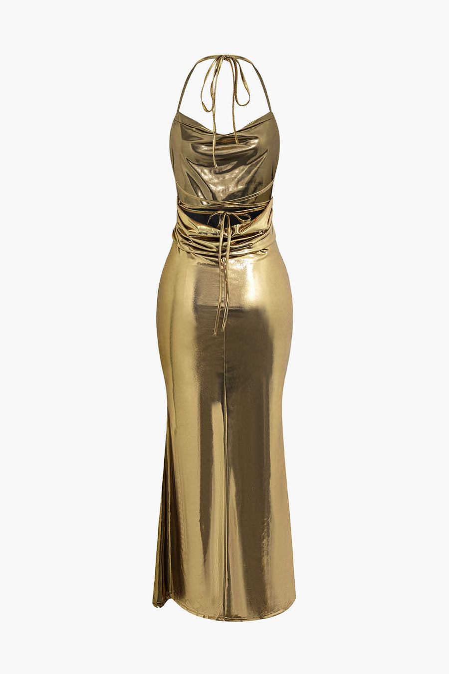 Metallic Backless Cowl Neck Maxi Dress