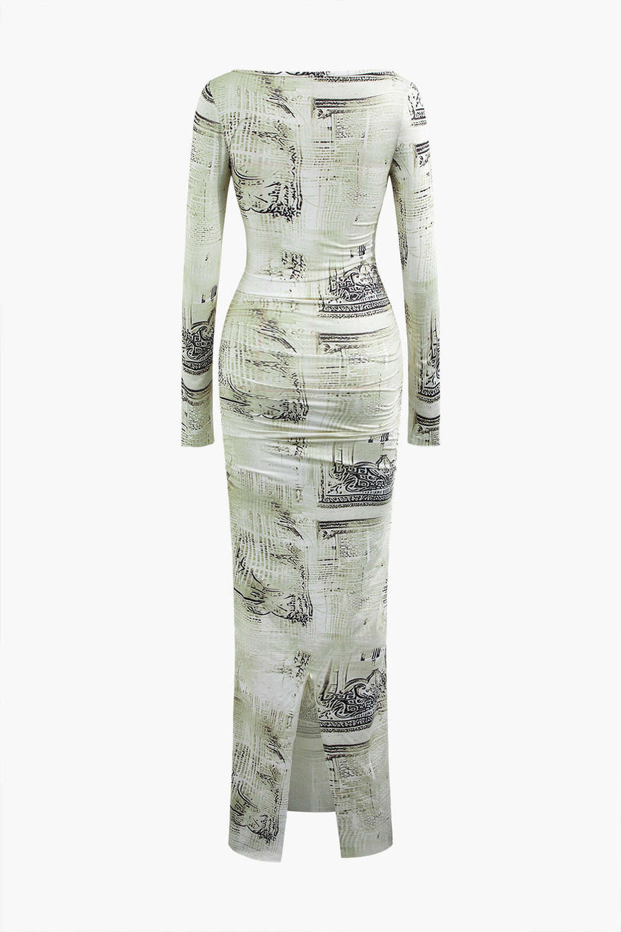 Elegant Long Sleeve Print Slit Bodycon Maxi Dress